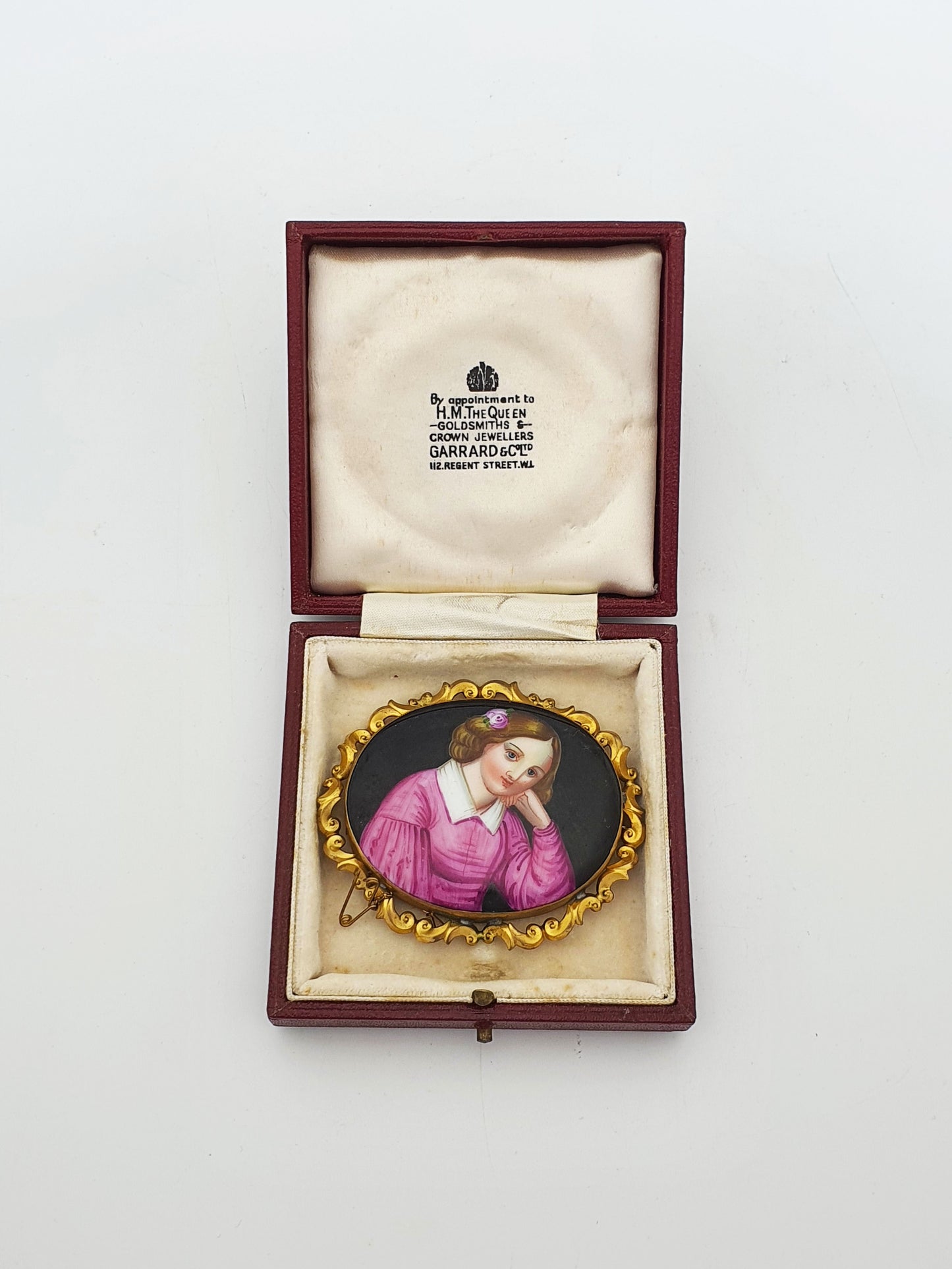 Large Antique Victorian Gilt Metal Framed Painted Porcelain Portrait Brooch – circa 1880