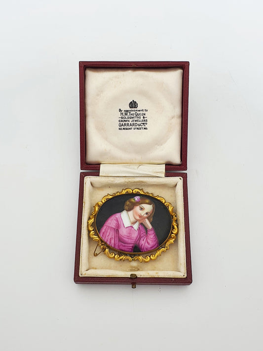 Large Antique Victorian Gilt Metal Framed Painted Porcelain Portrait Brooch – circa 1880