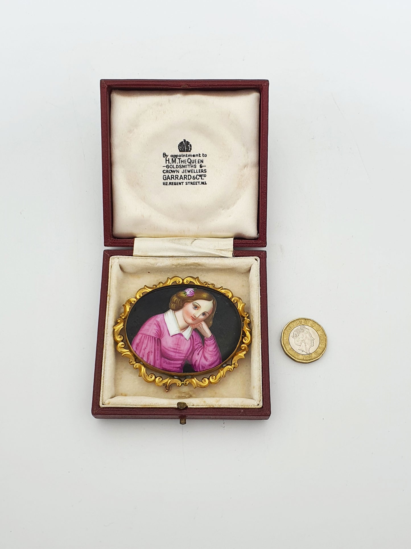 Large Antique Victorian Gilt Metal Framed Painted Porcelain Portrait Brooch – circa 1880