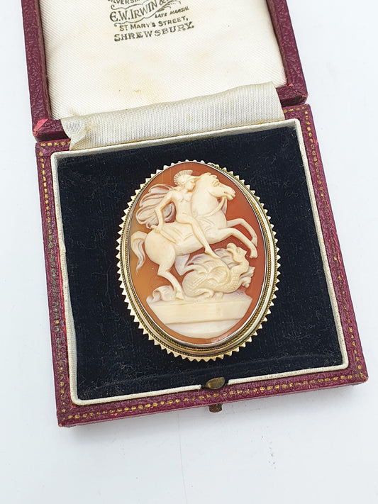 Antique Italian Silver Shell Cameo St George And Dragon Brooch – circa 1920