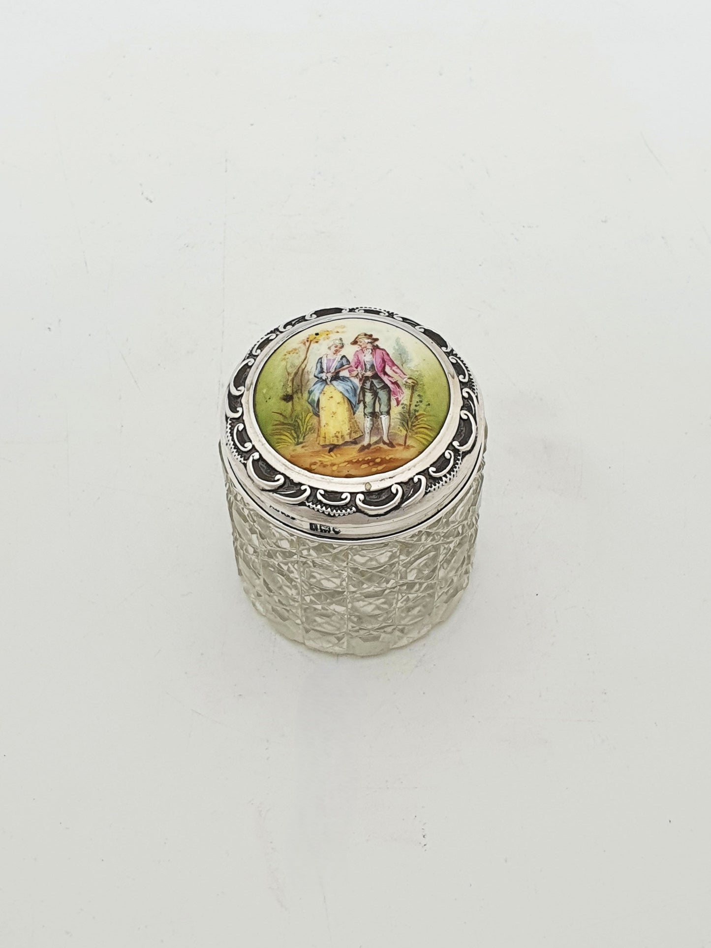 Sterling Silver Mounted Cut Glass Vanity Jar with Hand-Painted Porcelain Plaque - 1904