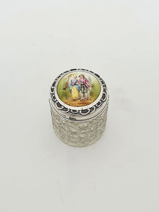 Sterling Silver Mounted Cut Glass Vanity Jar with Hand-Painted Porcelain Plaque - 1904