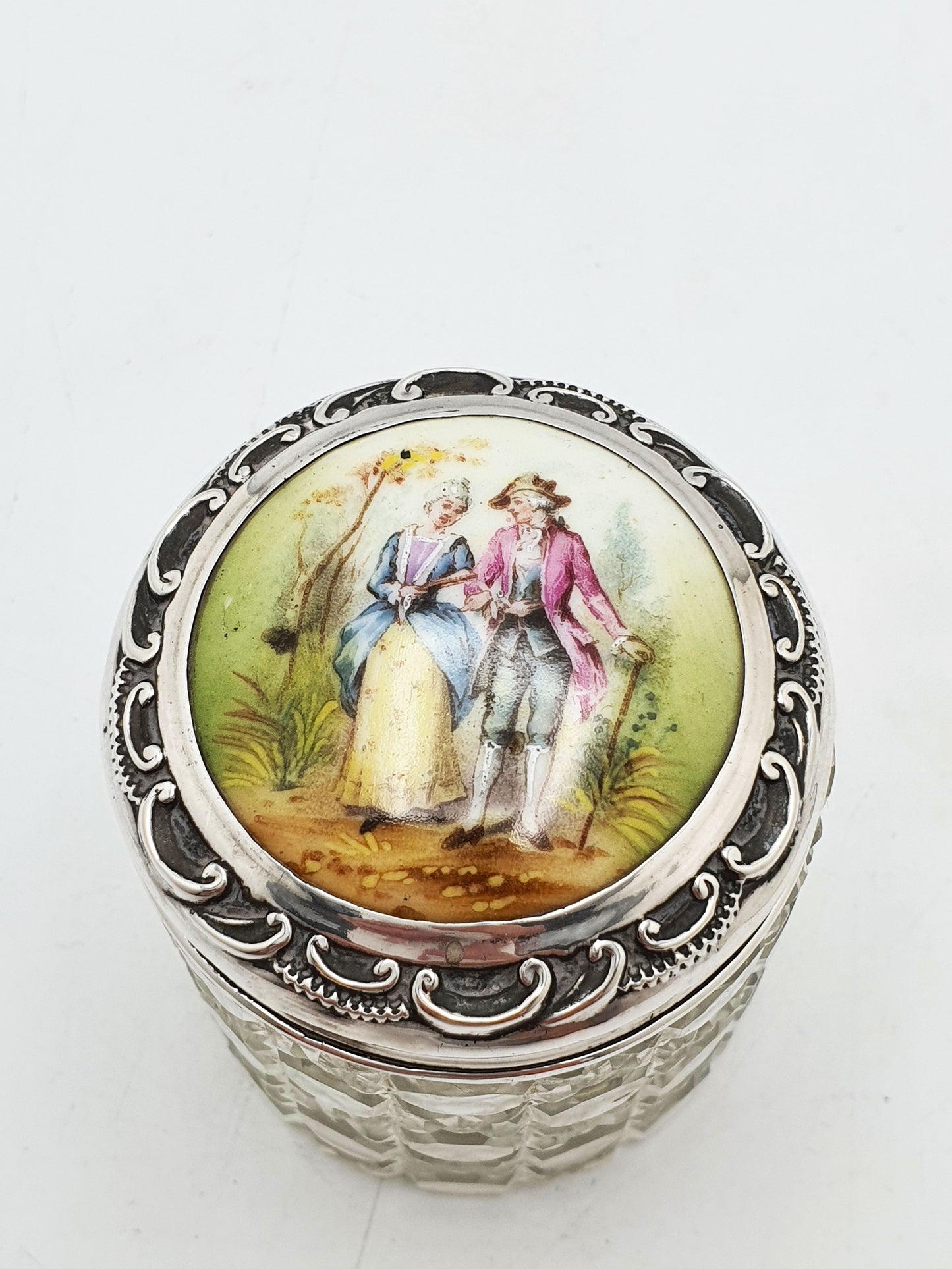Sterling Silver Mounted Cut Glass Vanity Jar with Hand-Painted Porcelain Plaque - 1904
