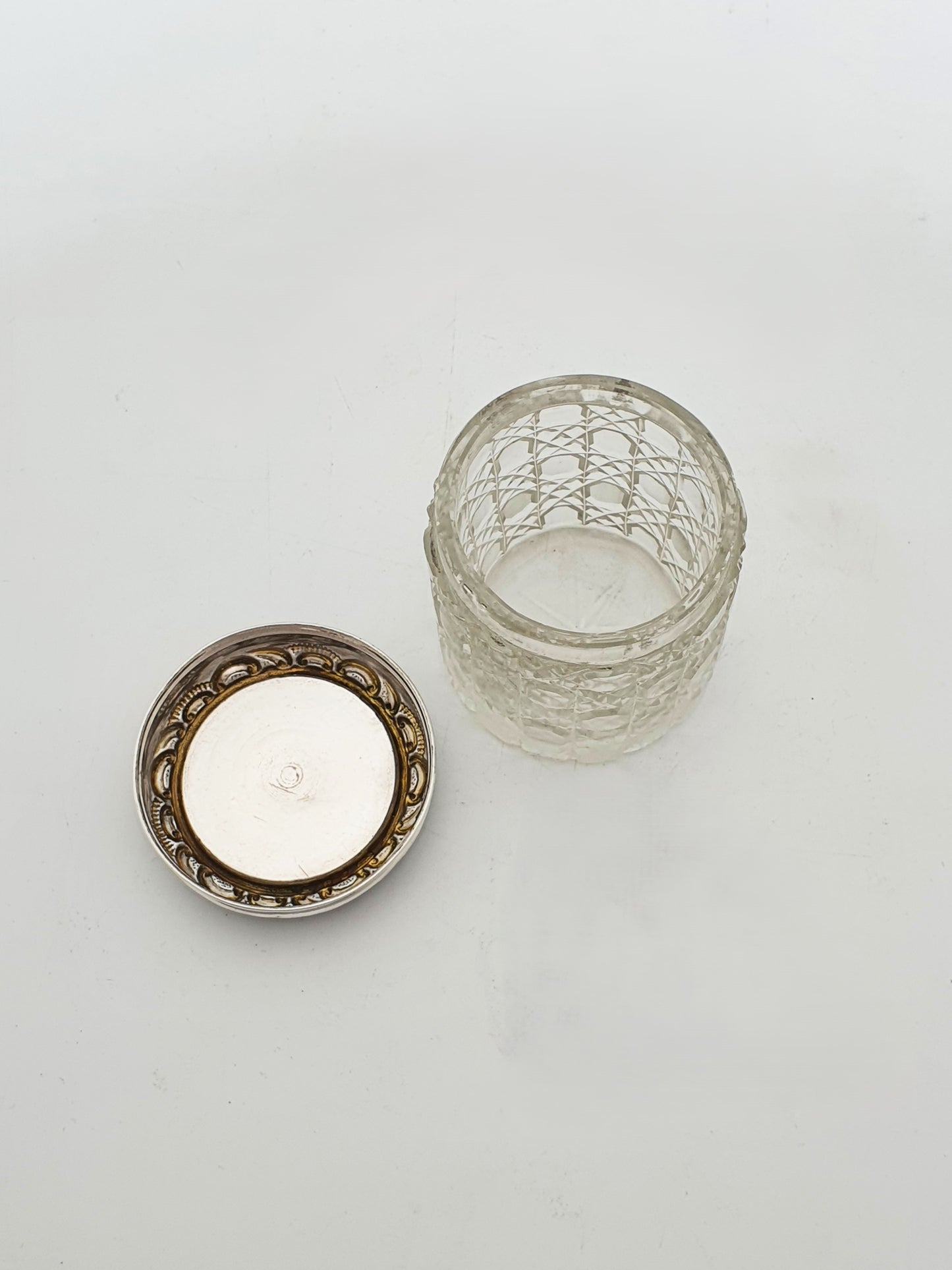 Sterling Silver Mounted Cut Glass Vanity Jar with Hand-Painted Porcelain Plaque - 1904