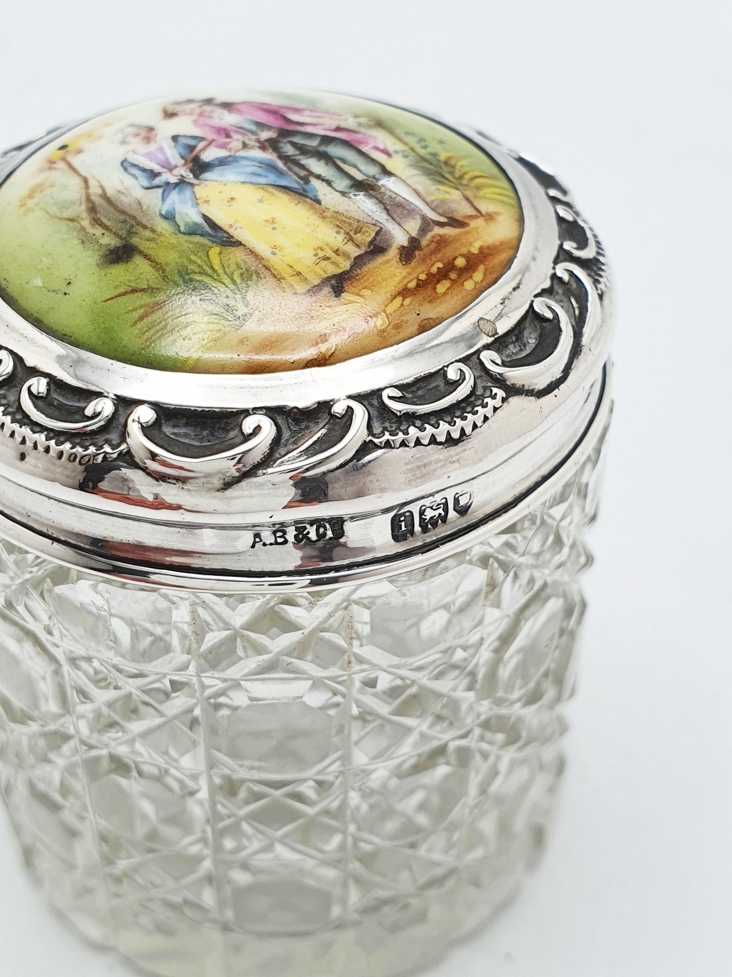 Sterling Silver Mounted Cut Glass Vanity Jar with Hand-Painted Porcelain Plaque - 1904