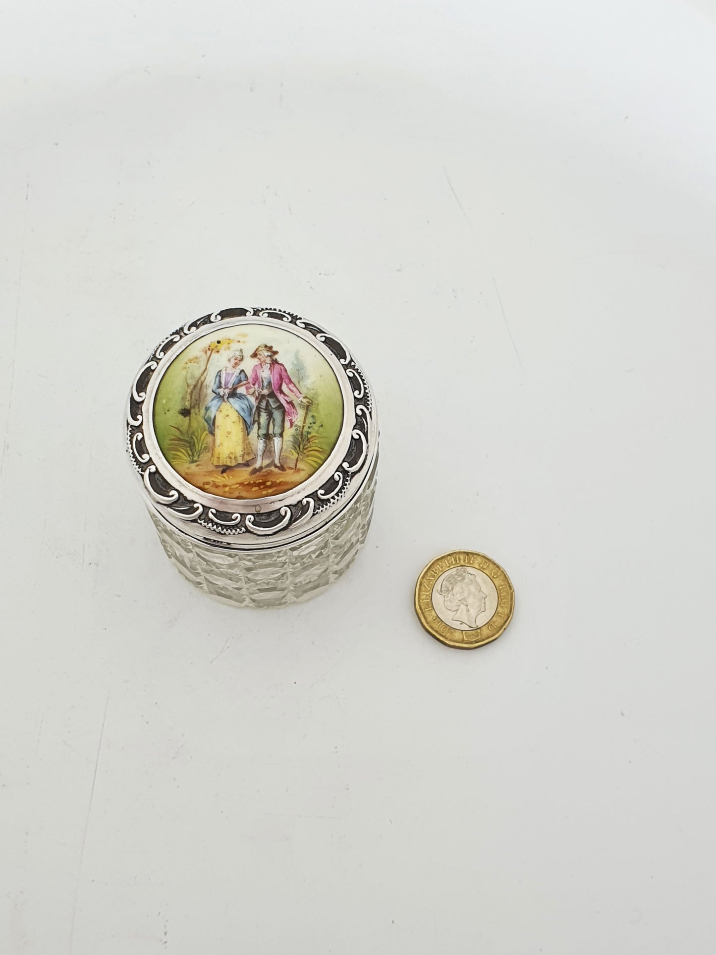 Sterling Silver Mounted Cut Glass Vanity Jar with Hand-Painted Porcelain Plaque - 1904