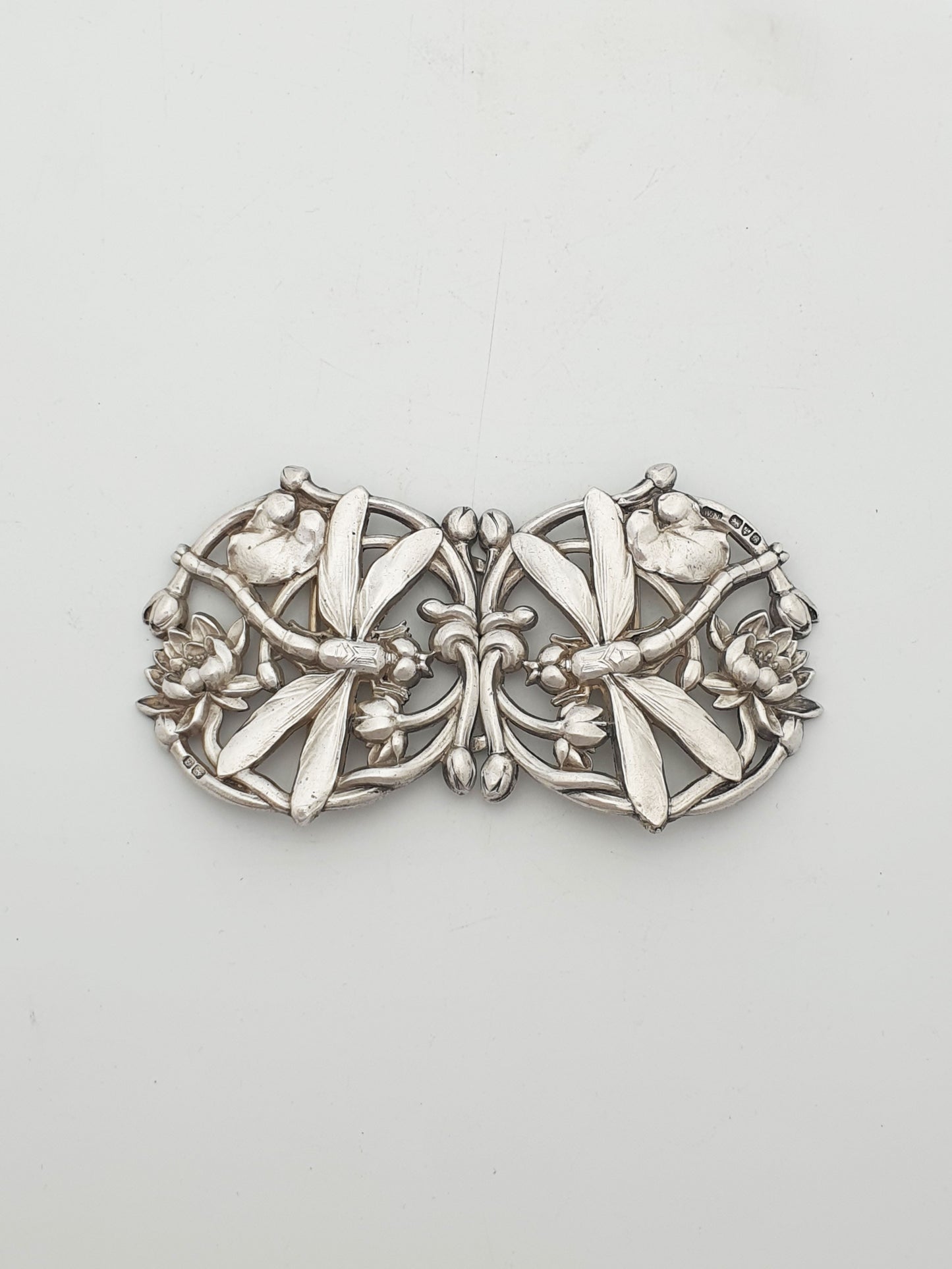 Fabulous Art Nouveau Sterling Silver Dragonfly & Water Lily Buckle Clasp - 1902