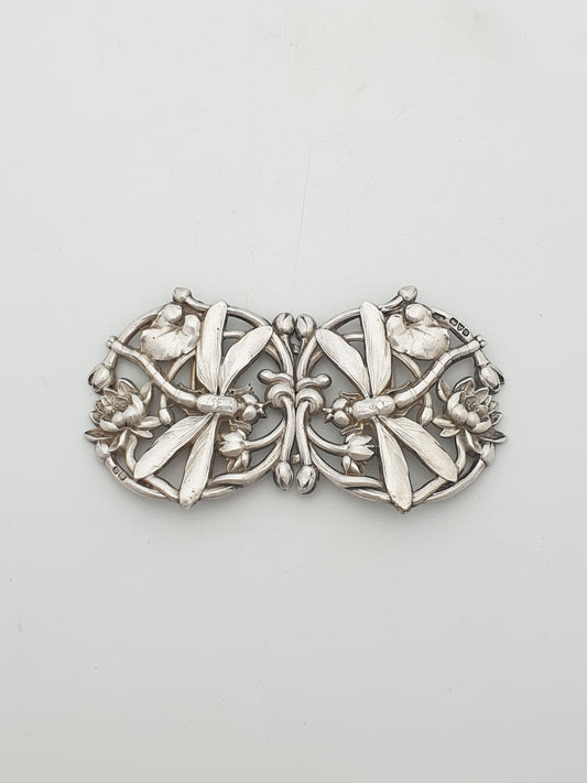 Fabulous Art Nouveau Sterling Silver Dragonfly & Water Lily Buckle Clasp - 1902