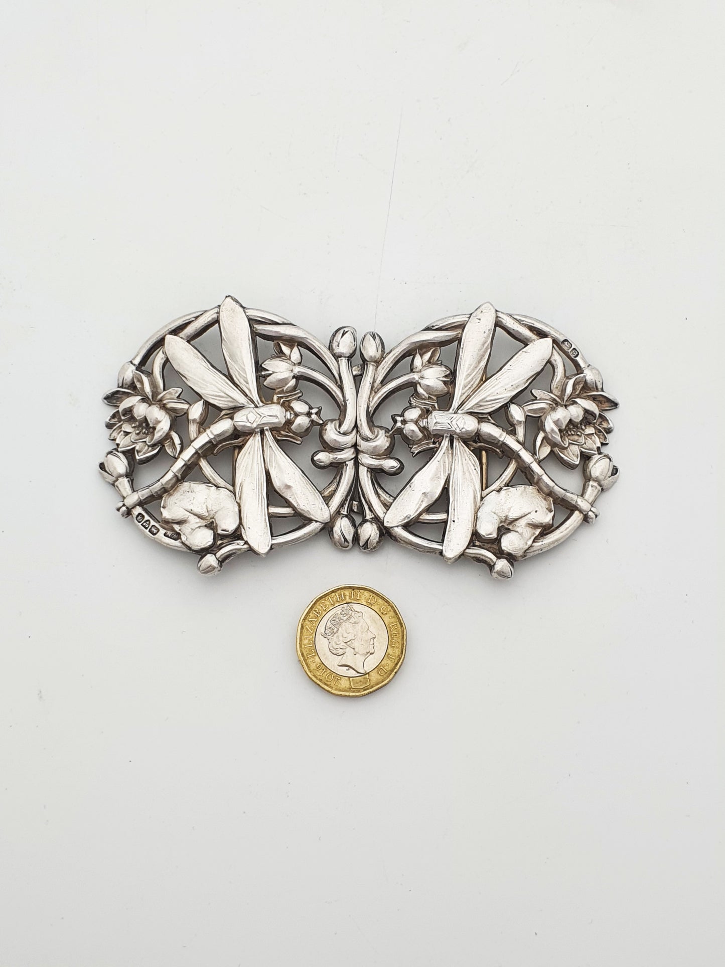 Fabulous Art Nouveau Sterling Silver Dragonfly & Water Lily Buckle Clasp - 1902