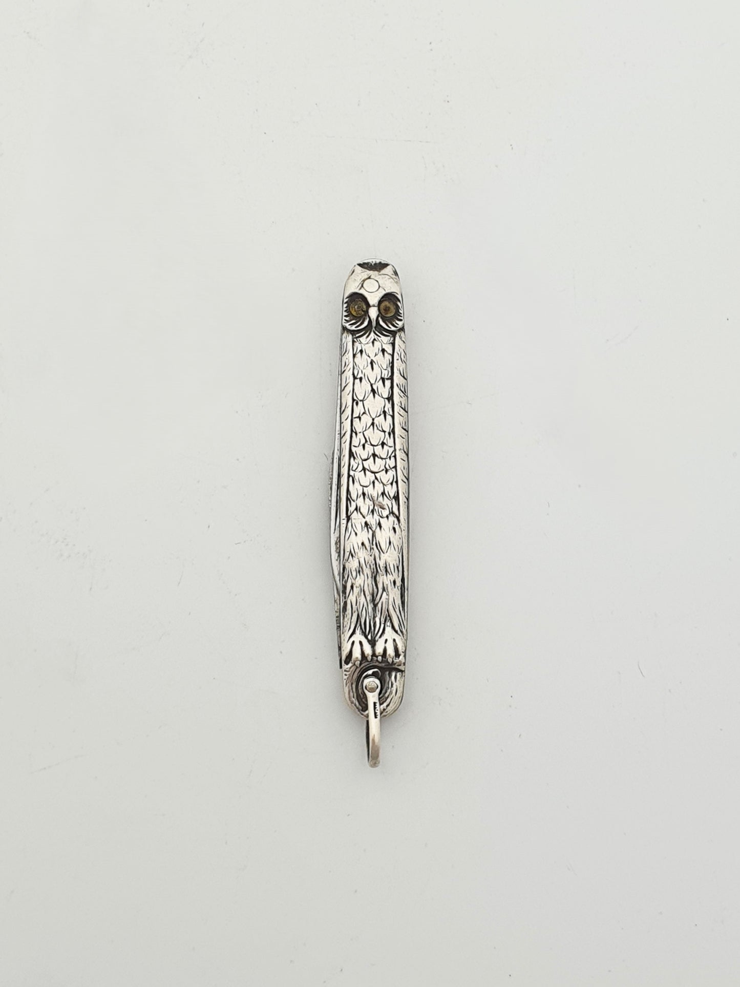 Antique Continental Silver Owl Folding Penknife With Glass Eyes – circa 1900
