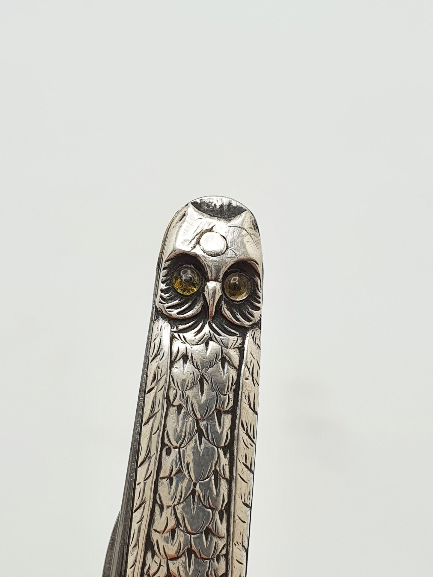Antique Continental Silver Owl Folding Penknife With Glass Eyes – circa 1900