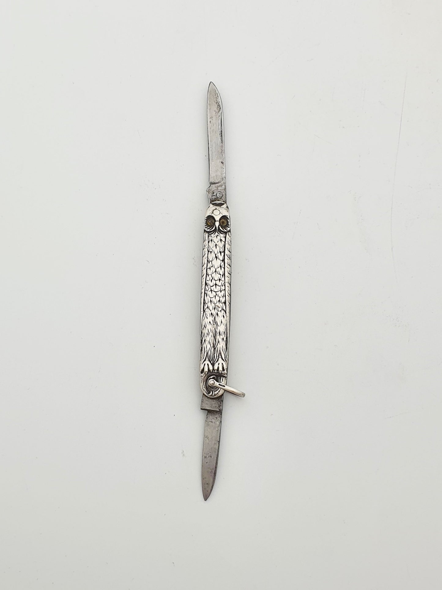 Antique Continental Silver Owl Folding Penknife With Glass Eyes – circa 1900