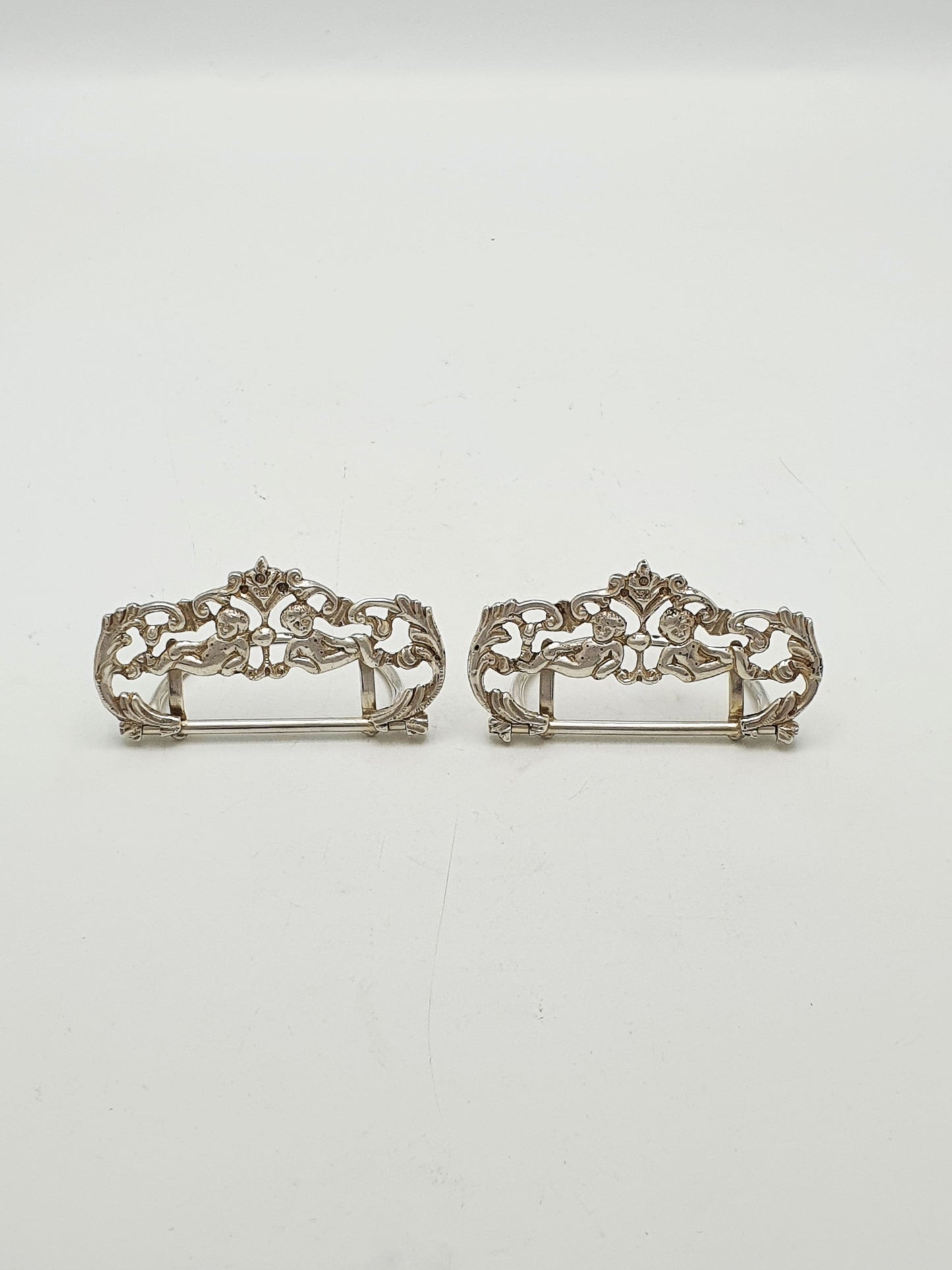 Pair of Antique Scottish Sterling Silver Cherub Place Card Holders - 1892