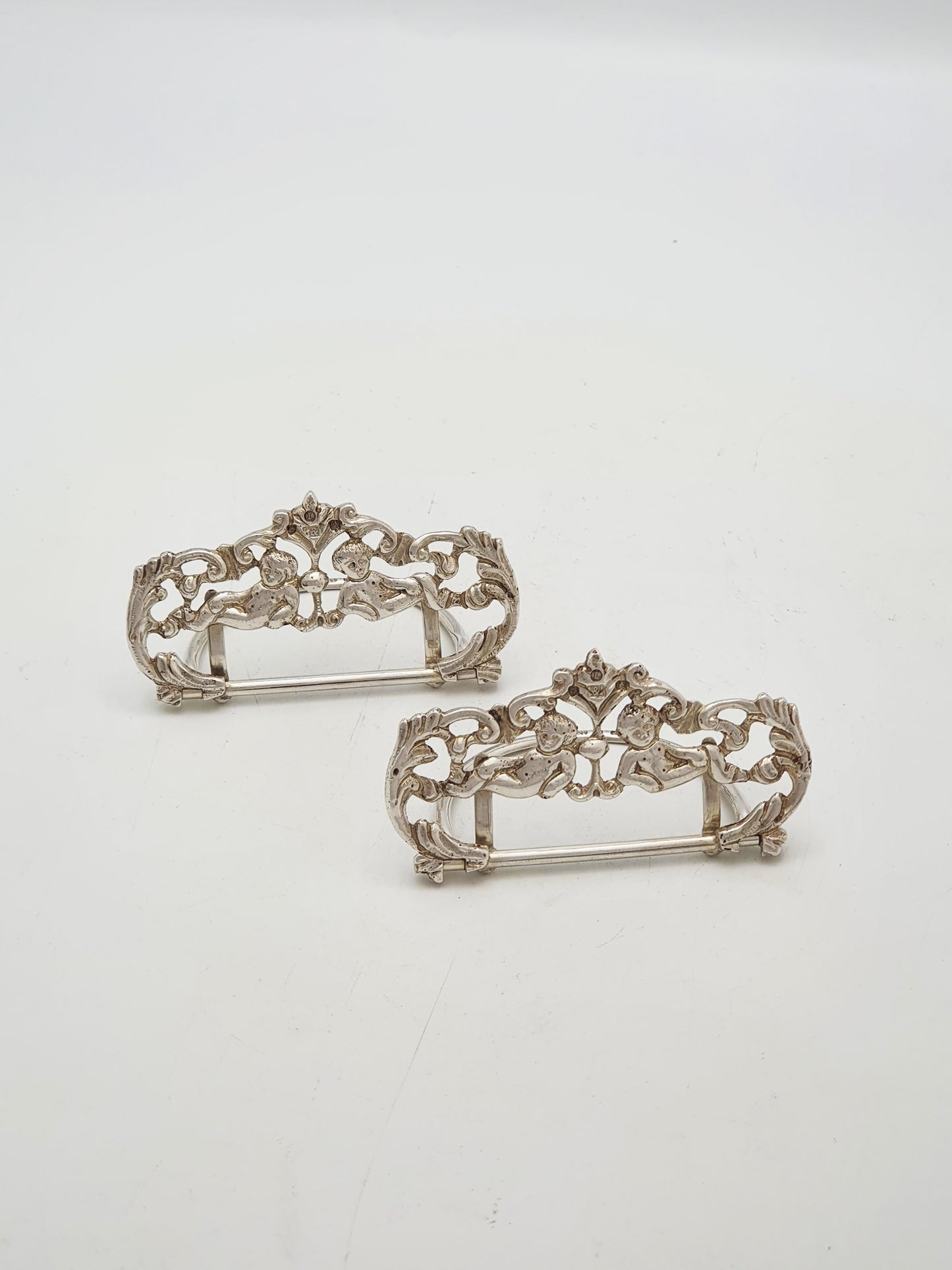 Pair of Antique Scottish Sterling Silver Cherub Place Card Holders - 1892