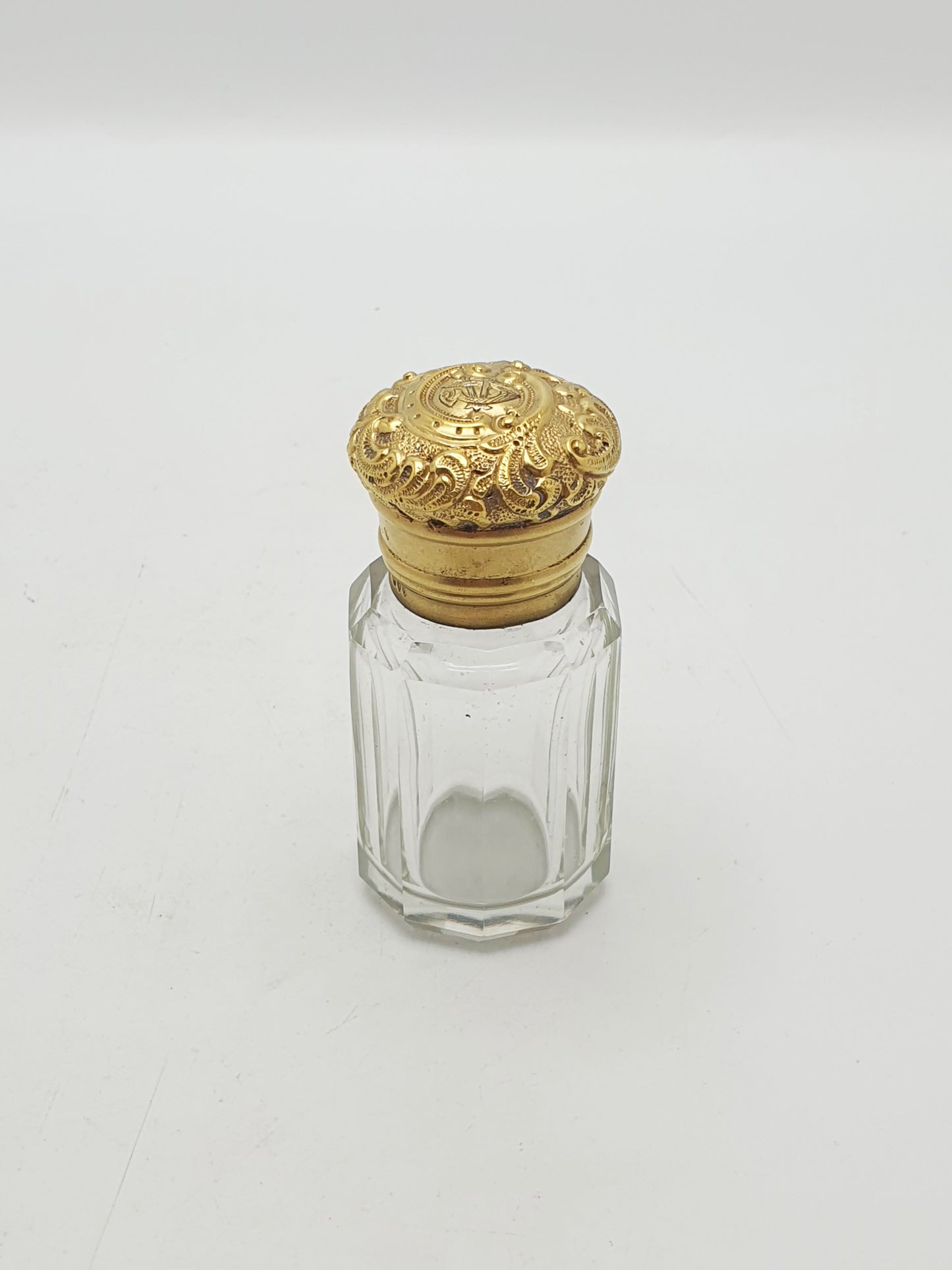 Antique Victorian Gilt Sterling Silver Mounted Cut Glass Scent Bottle - London, 1891