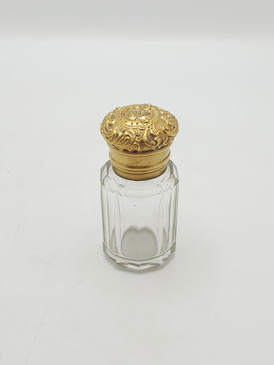 Antique Victorian Gilt Sterling Silver Mounted Cut Glass Scent Bottle - London, 1891
