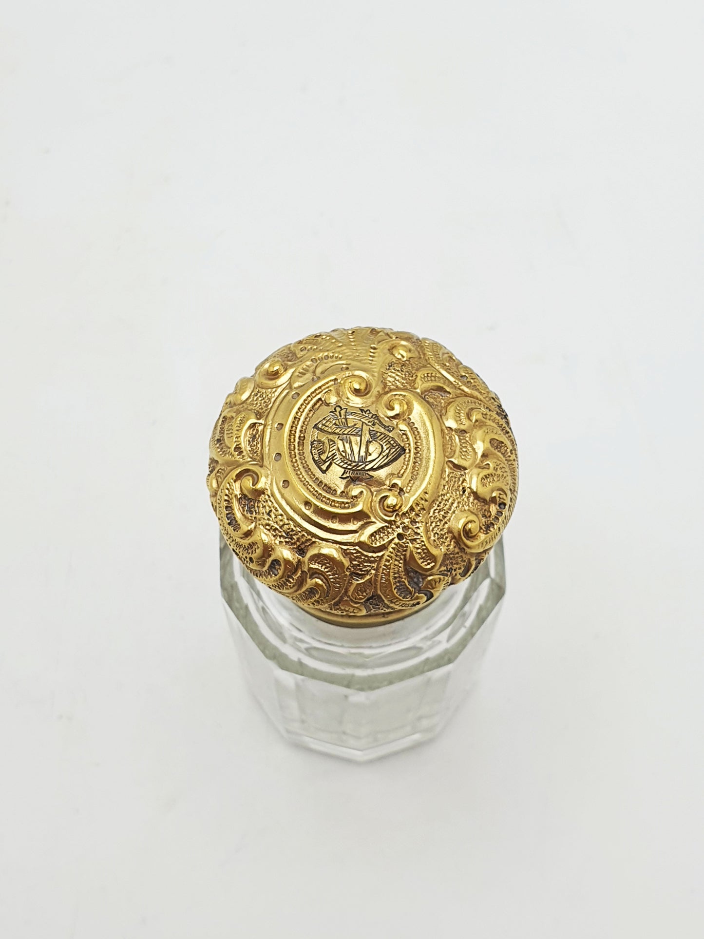 Antique Victorian Gilt Sterling Silver Mounted Cut Glass Scent Bottle - London, 1891