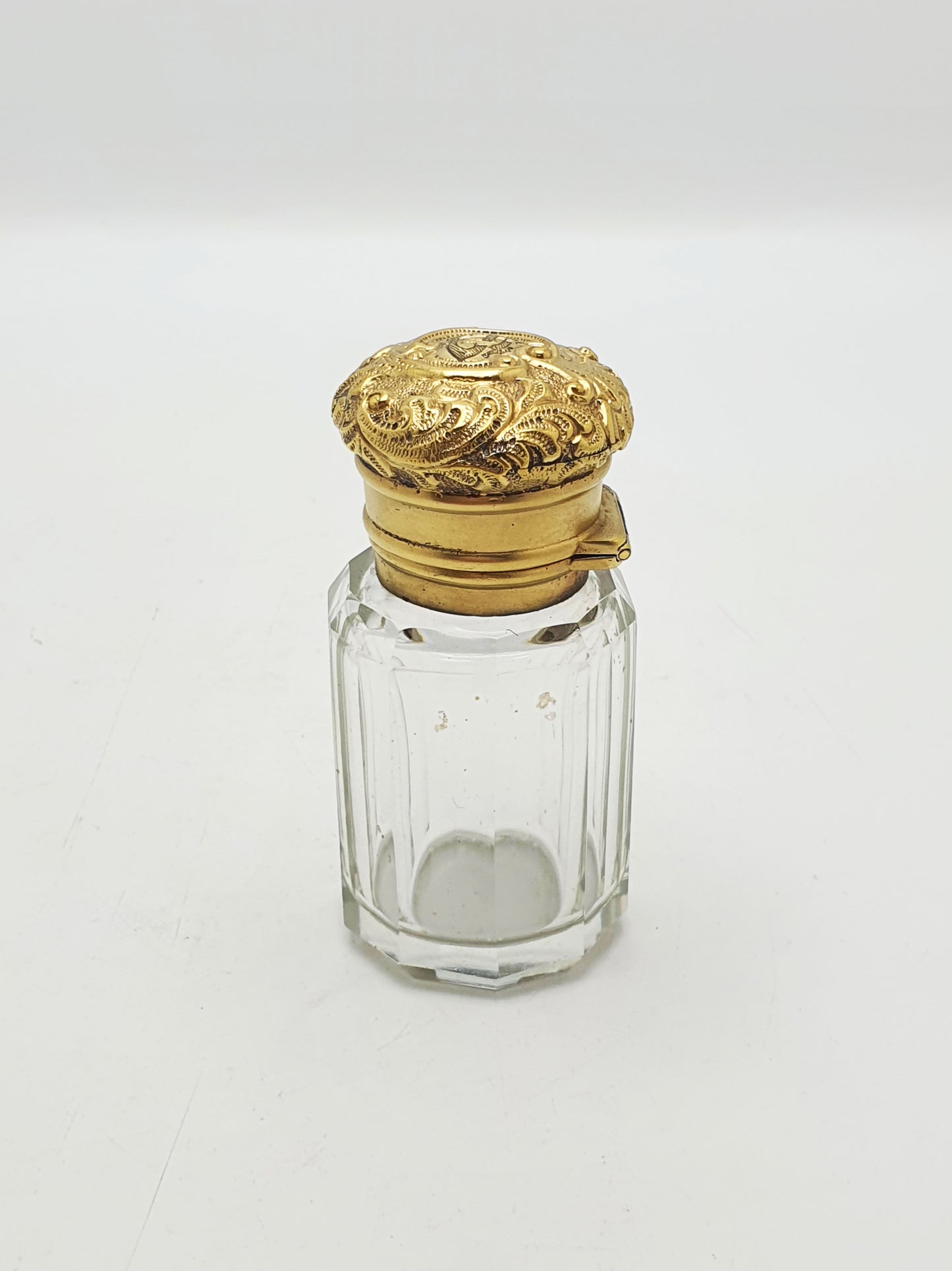 Antique Victorian Gilt Sterling Silver Mounted Cut Glass Scent Bottle - London, 1891