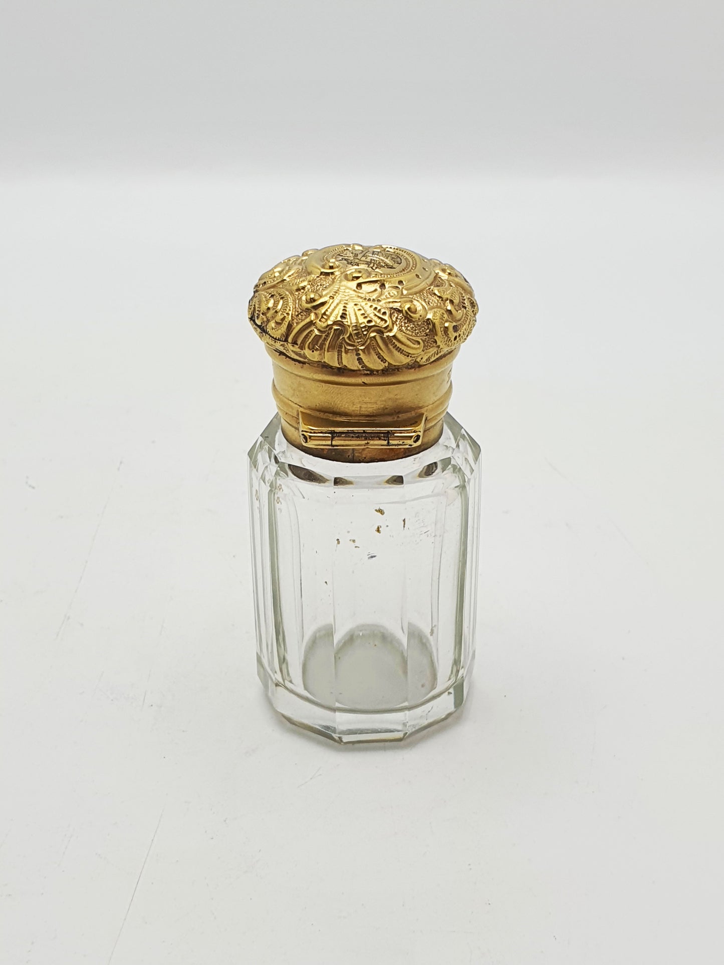 Antique Victorian Gilt Sterling Silver Mounted Cut Glass Scent Bottle - London, 1891