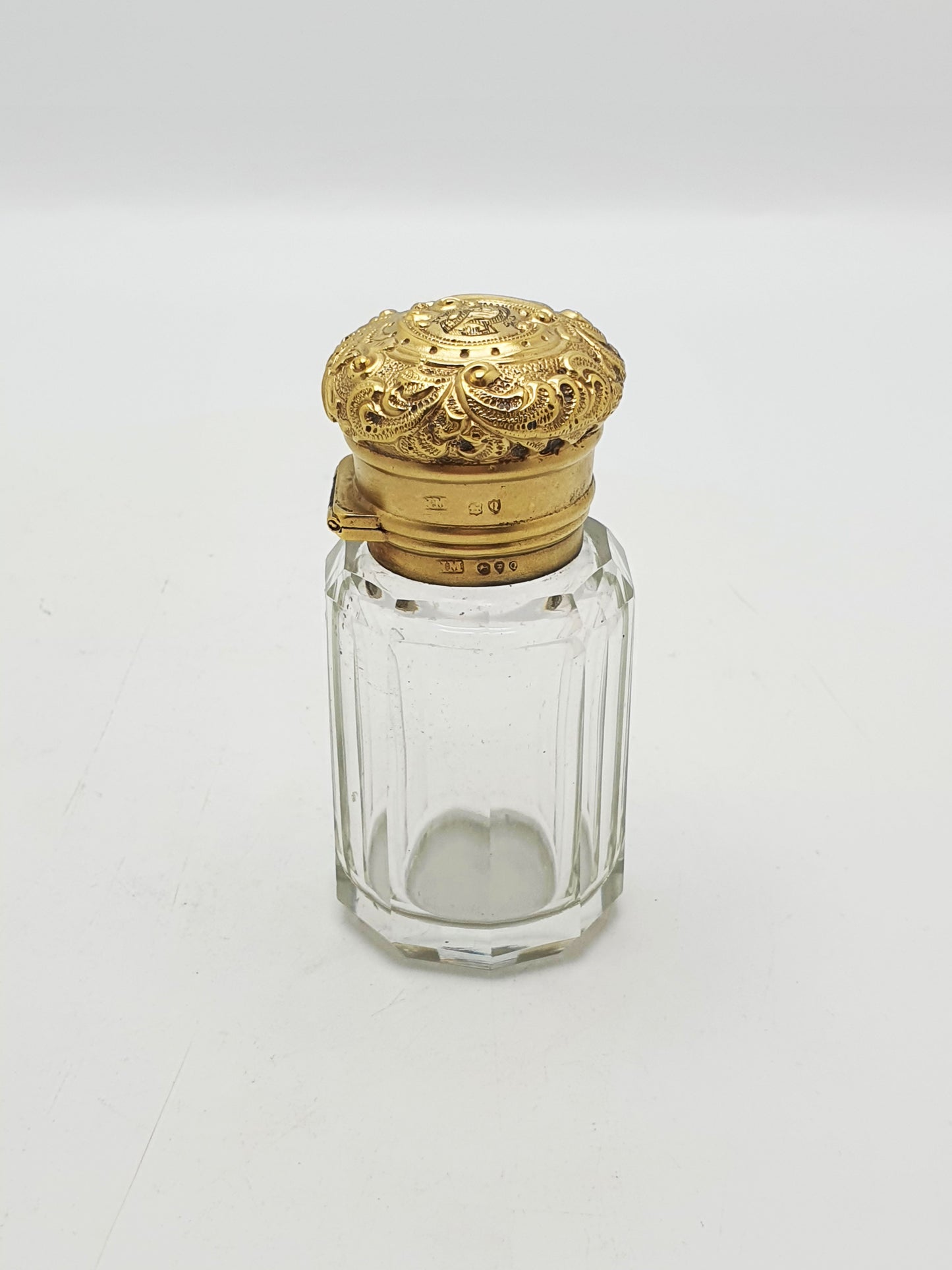 Antique Victorian Gilt Sterling Silver Mounted Cut Glass Scent Bottle - London, 1891