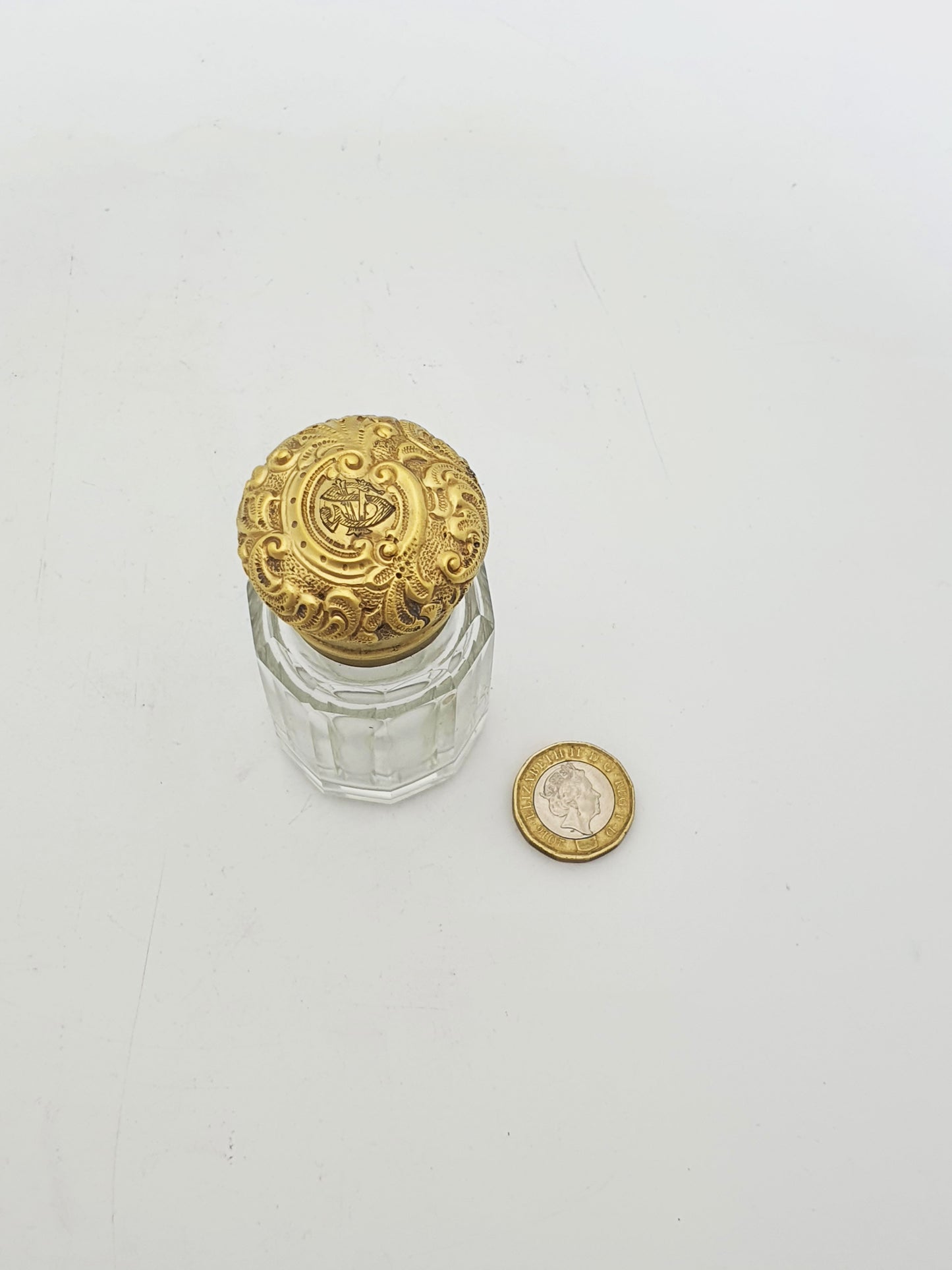 Antique Victorian Gilt Sterling Silver Mounted Cut Glass Scent Bottle - London, 1891