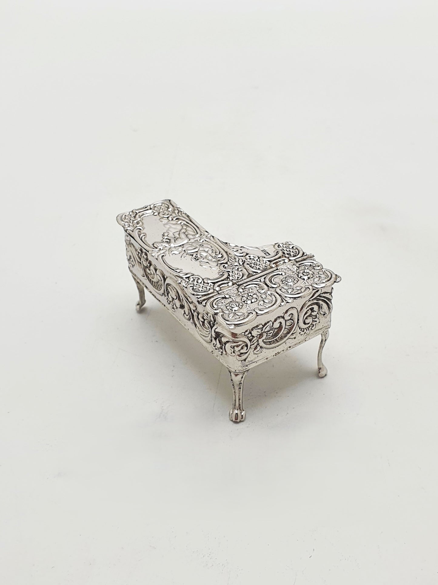 Vintage Sterling Silver Miniature Grand Piano Trinket Box With Cherub Relief - 1956