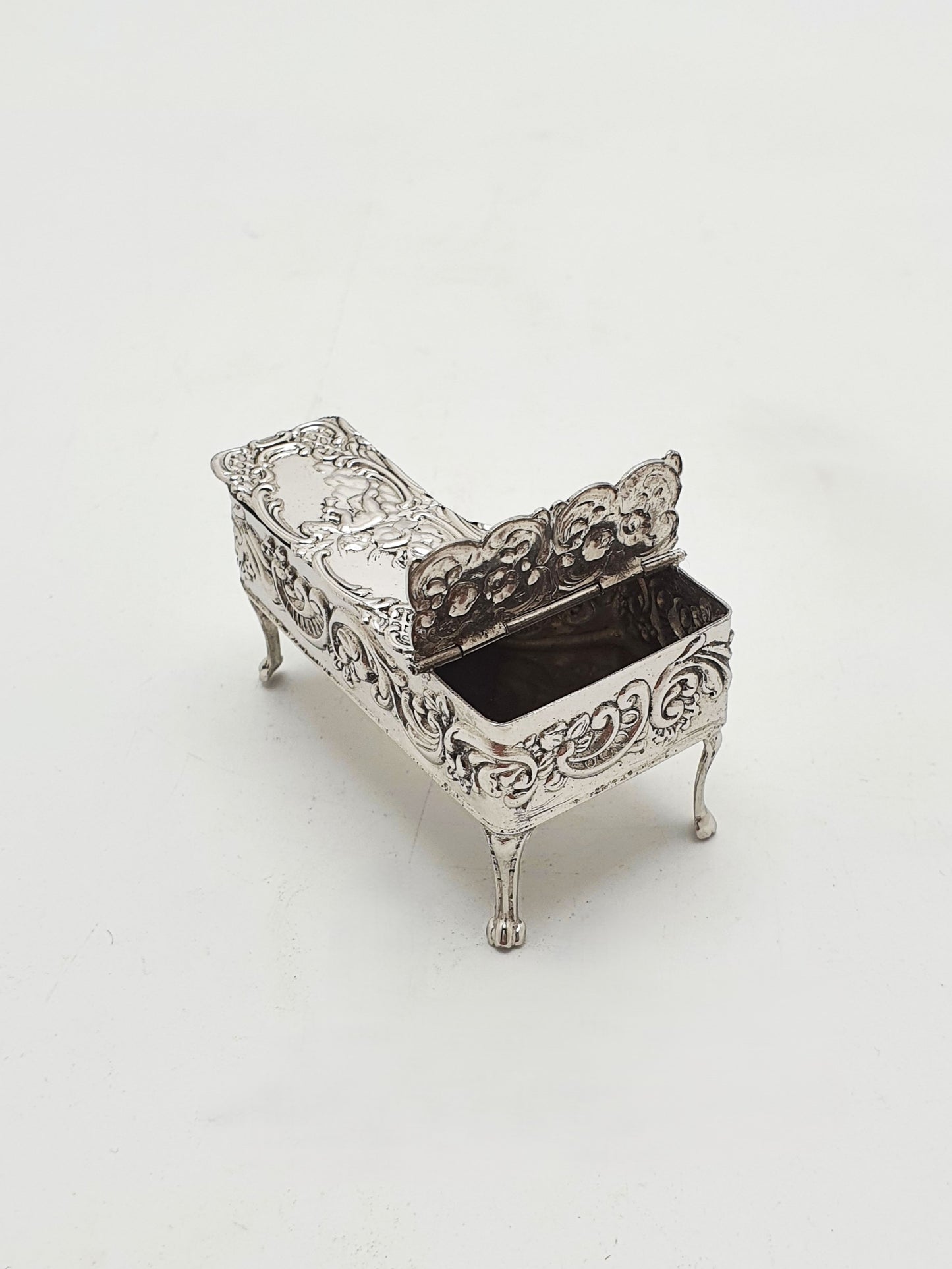Vintage Sterling Silver Miniature Grand Piano Trinket Box With Cherub Relief - 1956