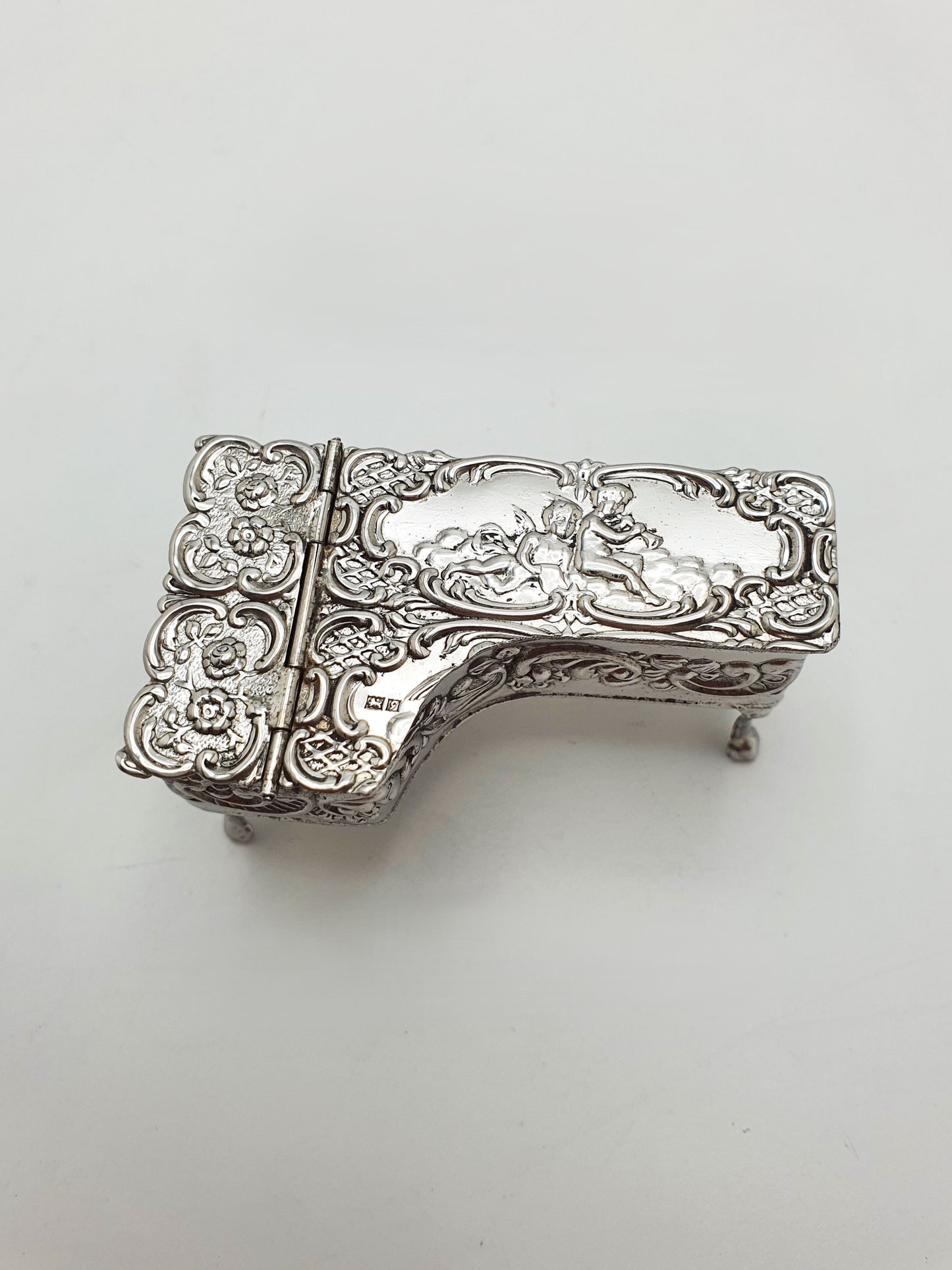 Vintage Sterling Silver Miniature Grand Piano Trinket Box With Cherub Relief - 1956