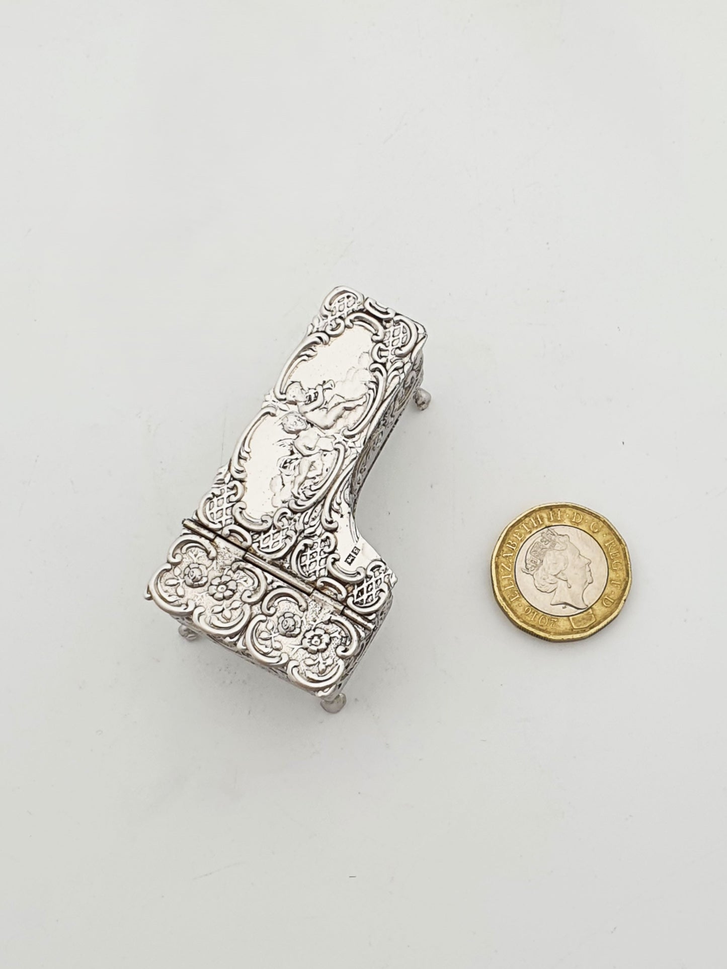 Vintage Sterling Silver Miniature Grand Piano Trinket Box With Cherub Relief - 1956