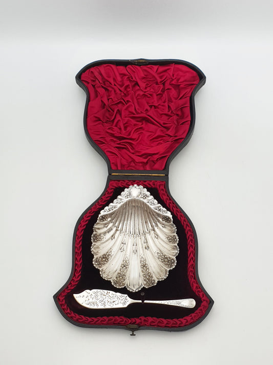 Stunning Antique Victorian Sterling Silver Shell Butter Dish And Spreader - 1894