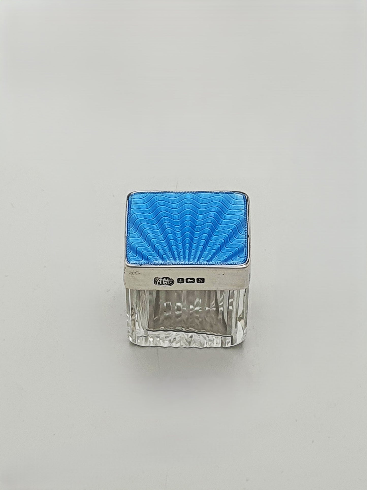 Small Art Deco Sterling Silver Blue Guilloche Enamel Cut Glass Jar - 1937