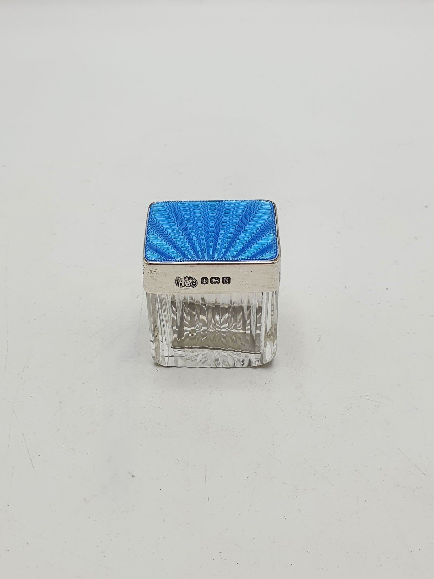 Small Art Deco Sterling Silver Blue Guilloche Enamel Cut Glass Jar - 1937
