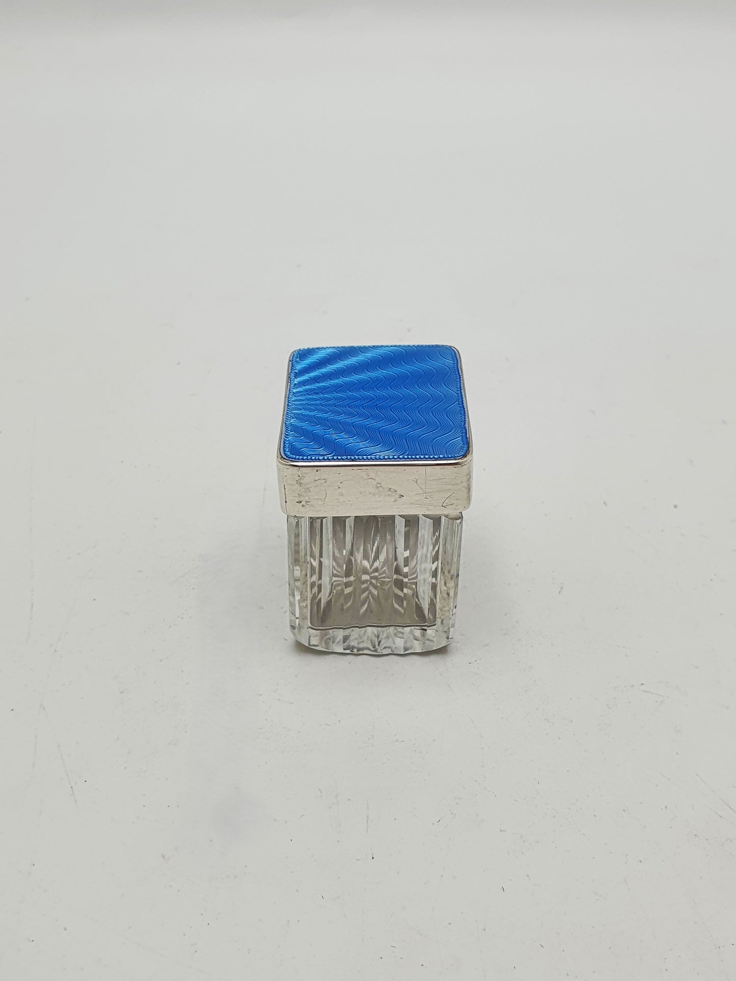 Small Art Deco Sterling Silver Blue Guilloche Enamel Cut Glass Jar - 1937