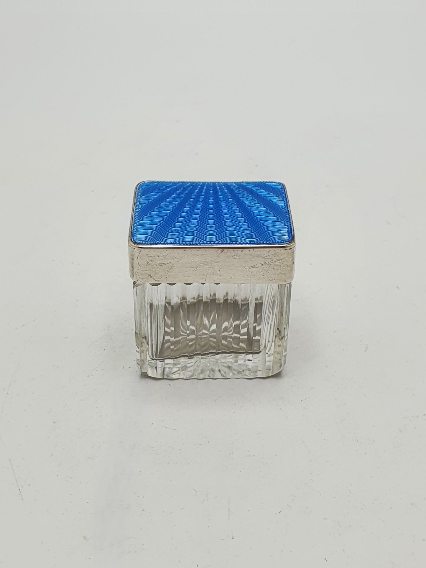 Small Art Deco Sterling Silver Blue Guilloche Enamel Cut Glass Jar - 1937