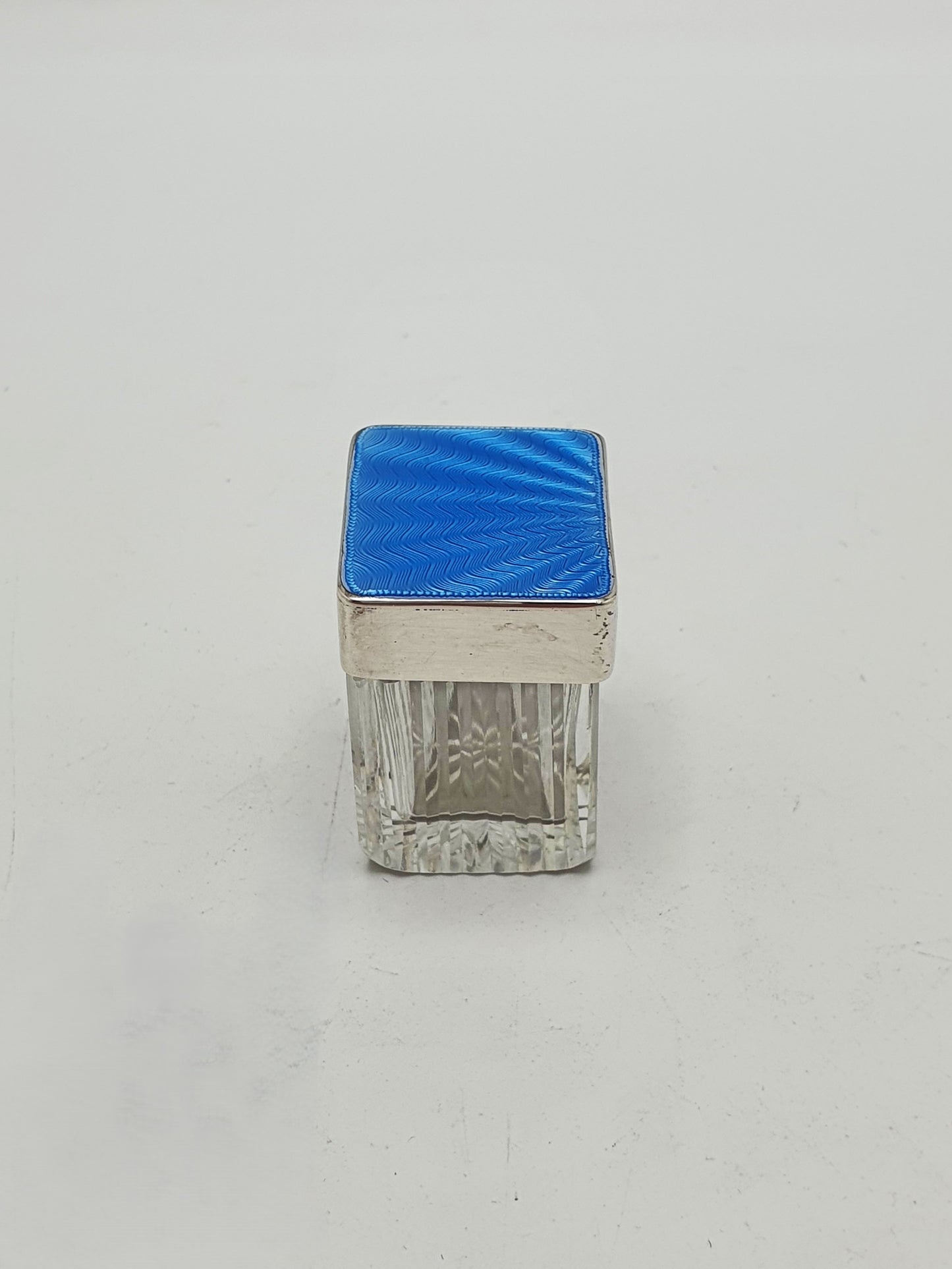Small Art Deco Sterling Silver Blue Guilloche Enamel Cut Glass Jar - 1937