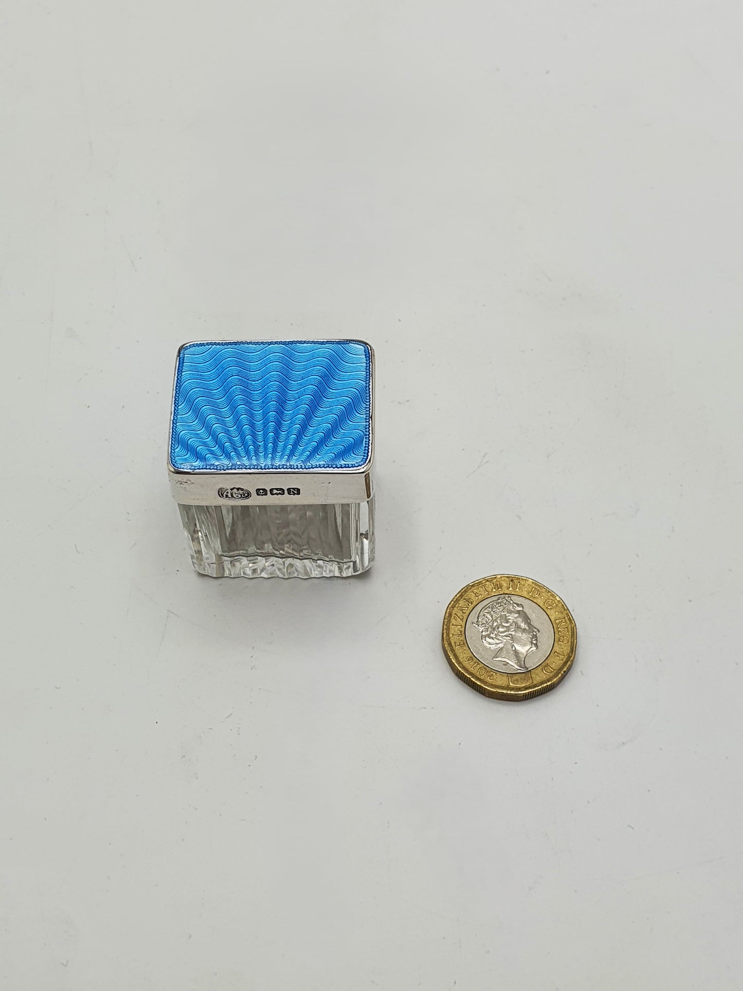 Small Art Deco Sterling Silver Blue Guilloche Enamel Cut Glass Jar - 1937