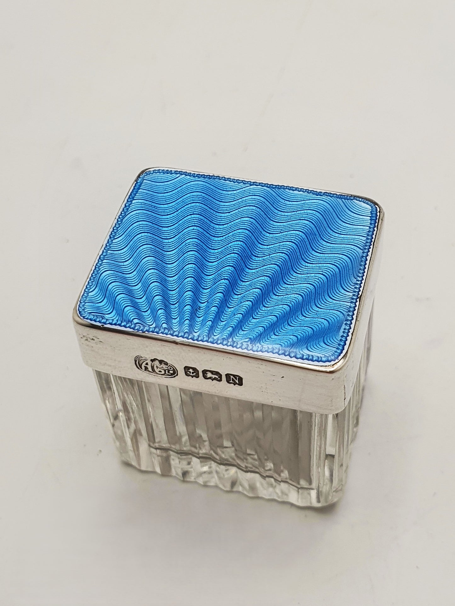 Small Art Deco Sterling Silver Blue Guilloche Enamel Cut Glass Jar - 1937