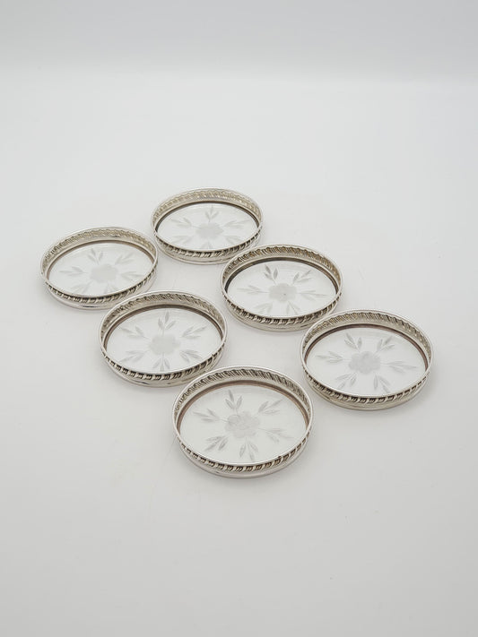 Antique Set Of Six Sterling Silver And Engraved Glass Coasters – circa 1920