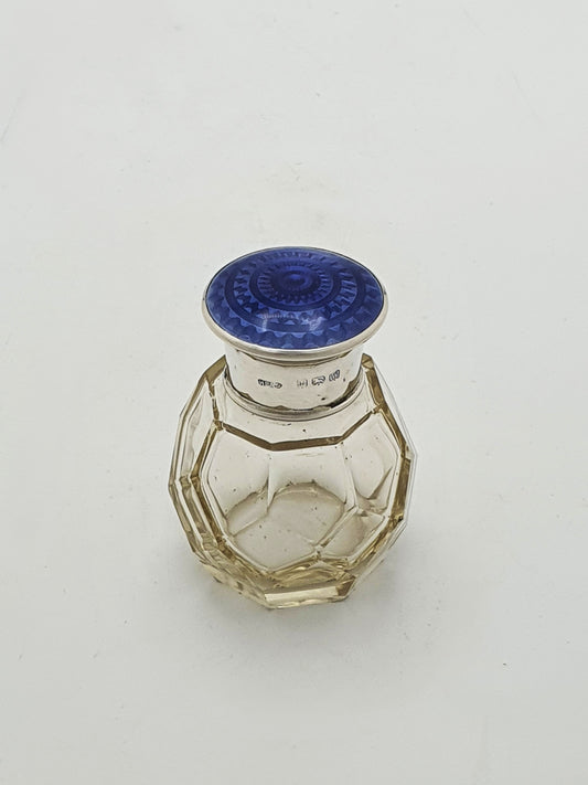 Art Deco Sterling Silver Blue Guilloche Enamel Glass Scent Bottle - 1921