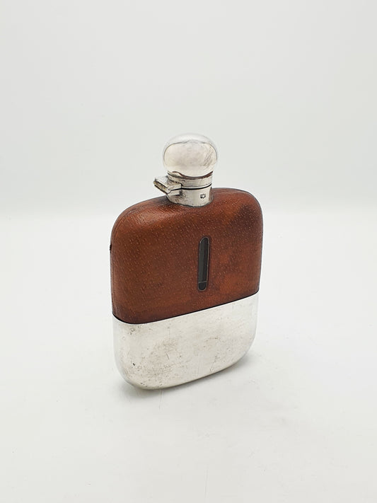 Antique Silver-Plated Leather And Glass Hip Flask – circa 1920