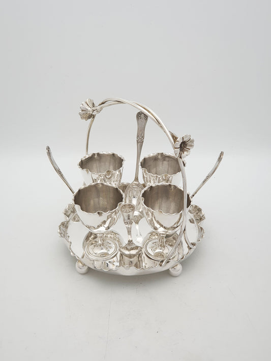 Antique Edwardian Silver-Plated Egg Cruet Set With Floral Vine Handle – circa 1905