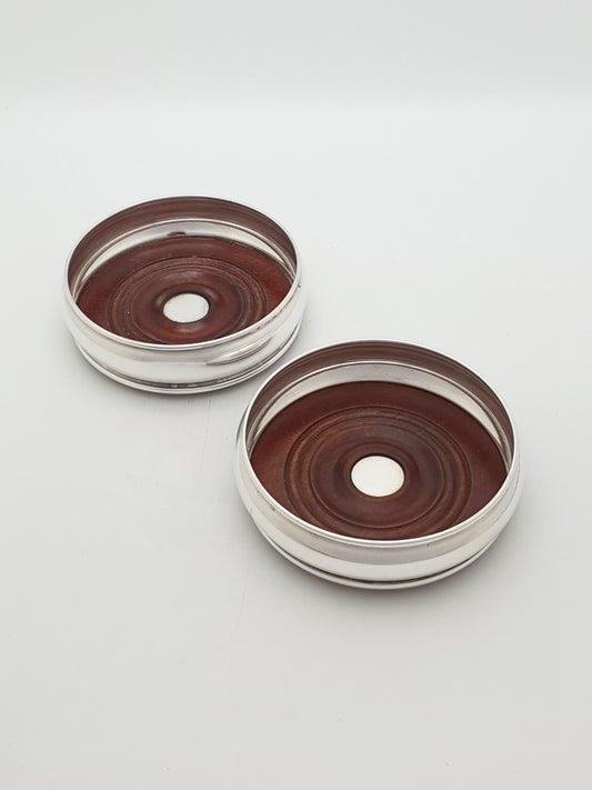 Pair of Vintage Silver-Plated and Turned Wood Wine Coasters – circa 1960