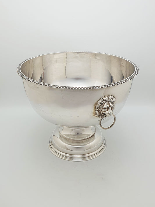 Antique Silver Plated Pedestal Serving Bowl With Lion Mask Ring Handles – circa 1920