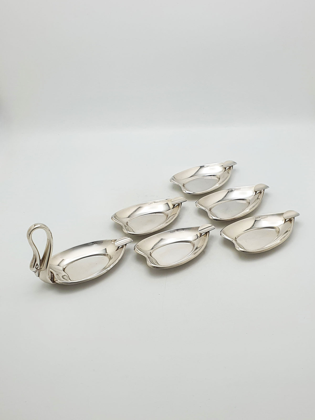 Vintage Set Of Six Spanish Silver Plated Swan Shaped Ash Trays – circa 1960