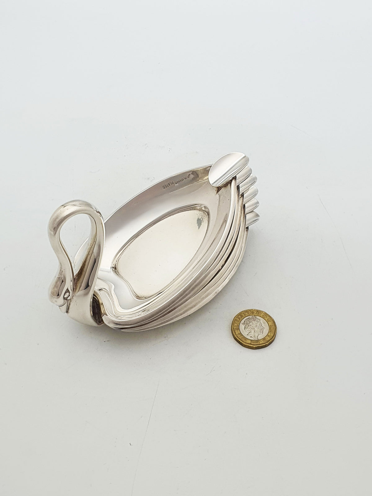 Vintage Set Of Six Spanish Silver Plated Swan Shaped Ash Trays – circa 1960
