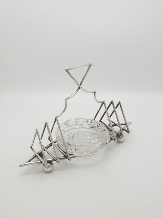 Nice Art Deco Silver Plated Toast Rack With Cut Glass Preserve Dish – circa 1925