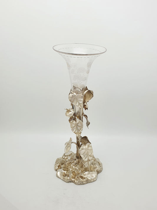 Antique Victorian Silver Plated Floral Epergne With Etched Glass Vase – circa 1880