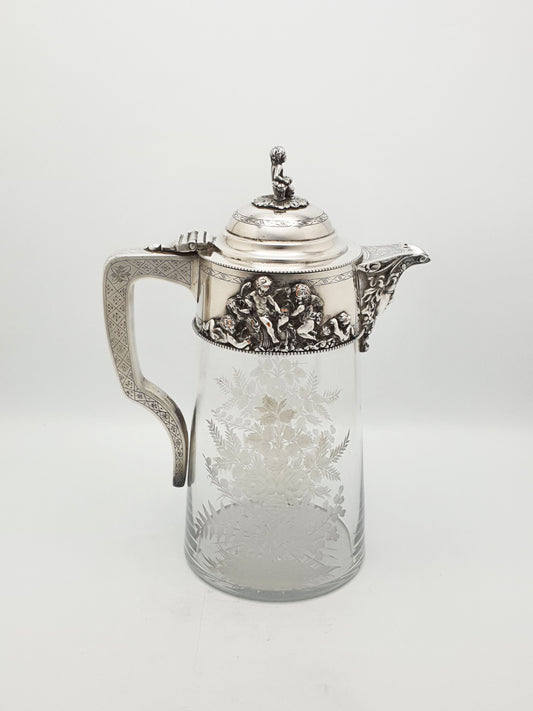 Stunning Victorian Claret Jug With Etched Glass And Figural Mounts – circa 1880