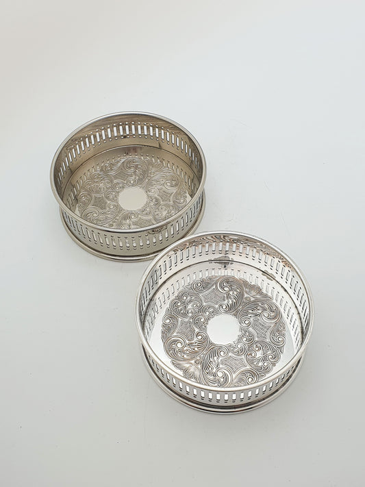 Pair of Vintage Silver Plated Embossed Wine Bottle Coasters – circa 1960