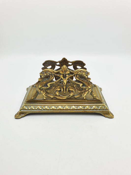 Antique Victorian Brass Letter Rack With Heraldic Griffin Decoration – circa 1890